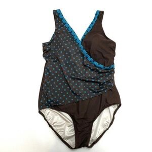 Amoena Womens Size 18 Brown Turquoise Polka Dot One Piece Swimsuit